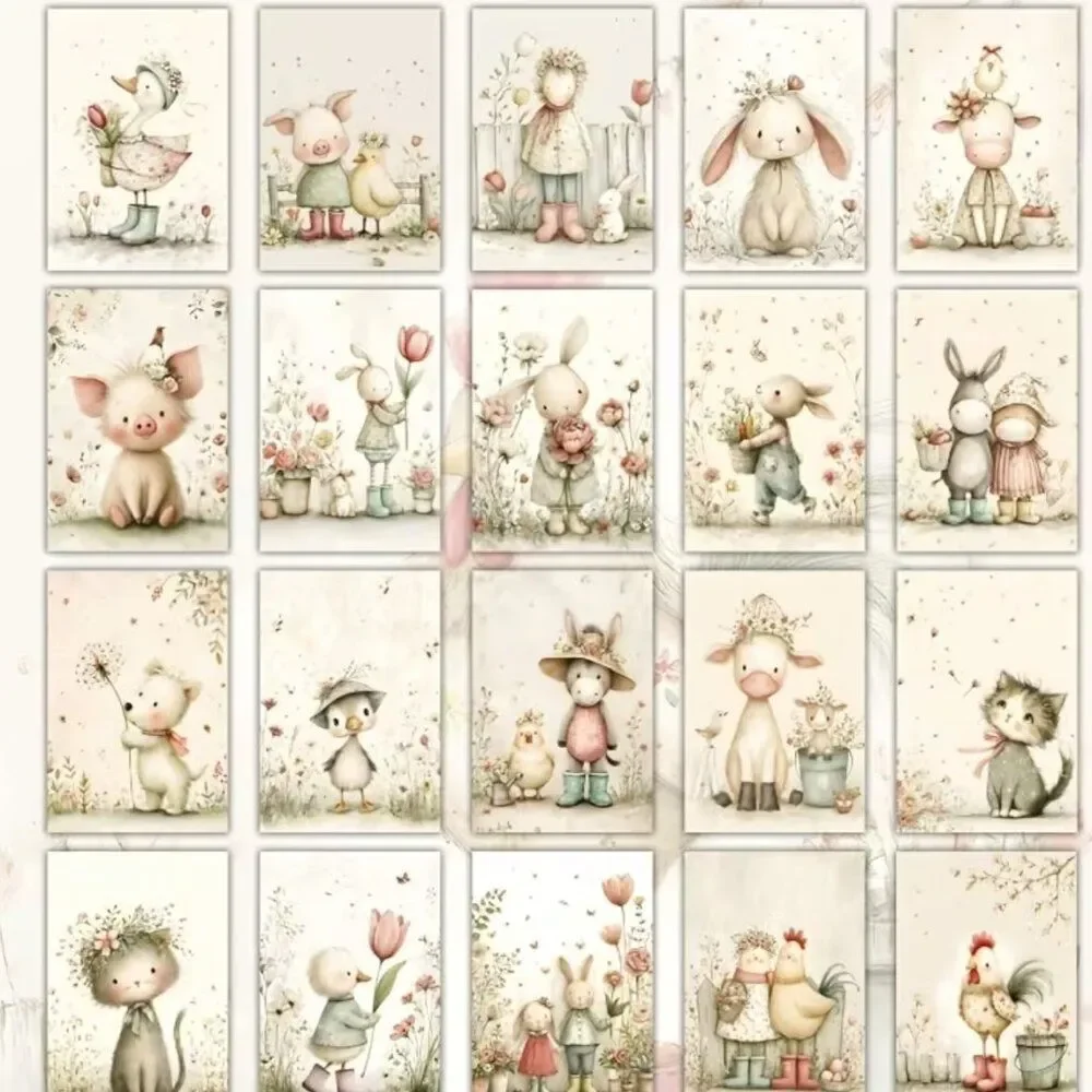 NWT 20pc Retro Cottage Animal Postcard Set Junk Journal Scrapbook Ephemera